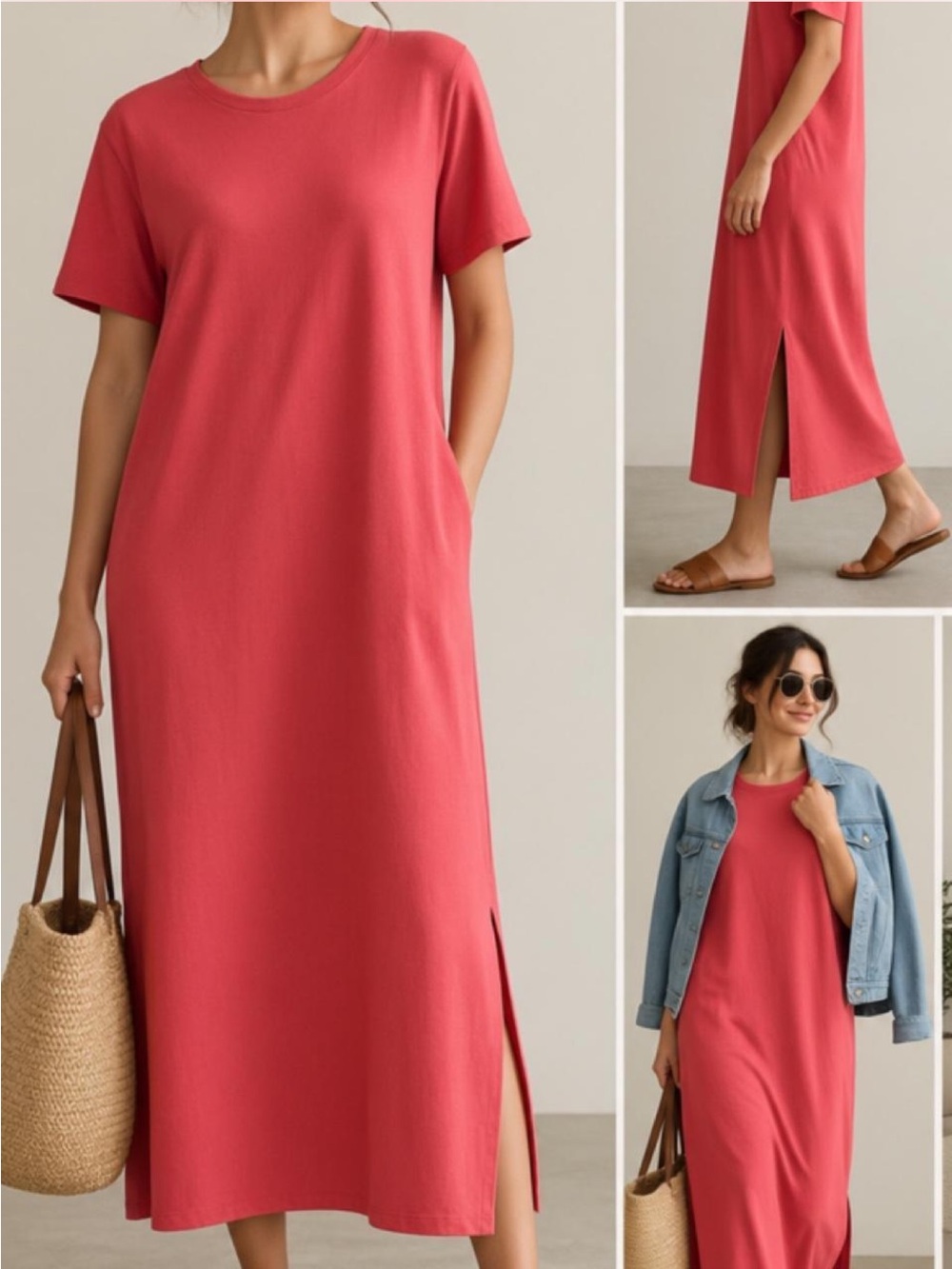 Beautiful minimalist Eileen Fisher midi/ankle-length dress in a vibrant coral